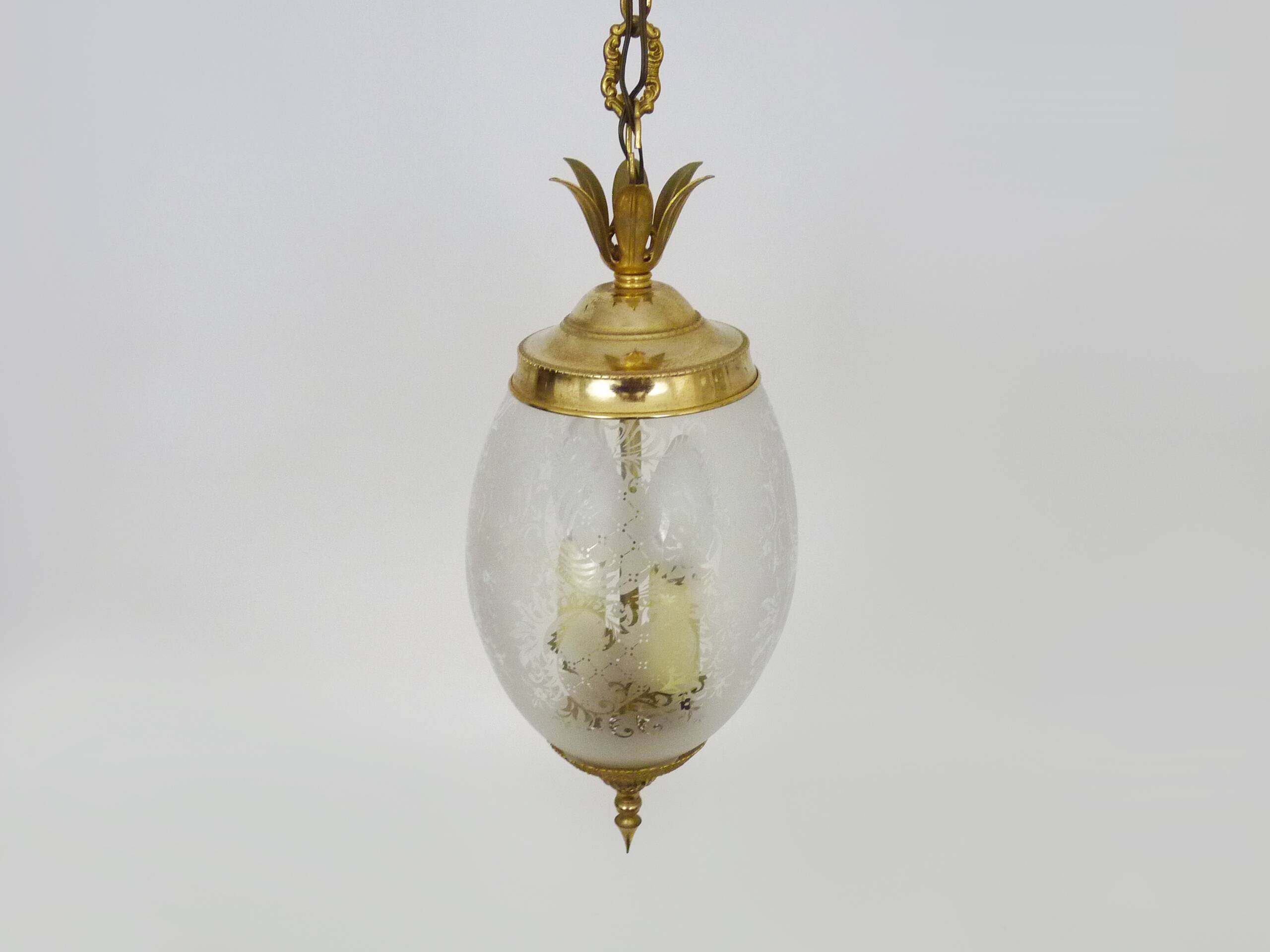 Suspension, brass chandelier and engraved glass globe with 2 lights. Louis XV style. 60s