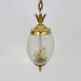 Suspension, brass chandelier and engraved glass globe with 2 lights. Louis XV style. 60s