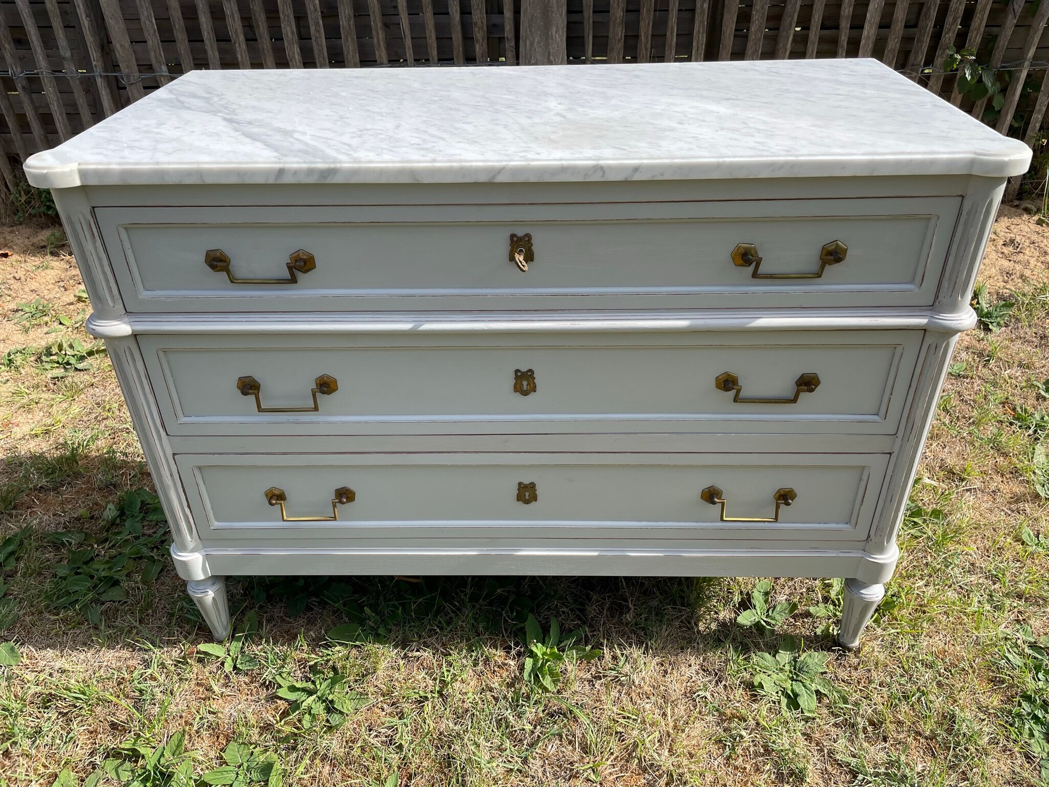 Louis XVI style chest of drawers in versailles grey patinated mahogany with white marble
