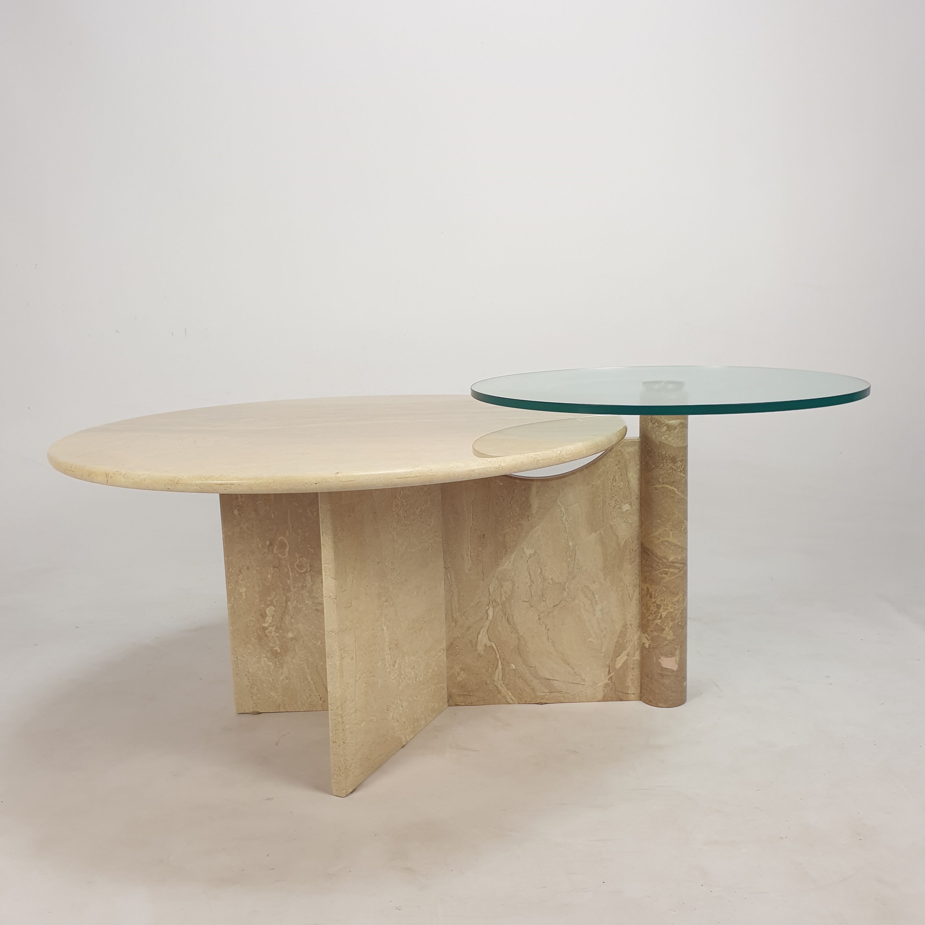 Italian travertine and glass coffee table, 1980