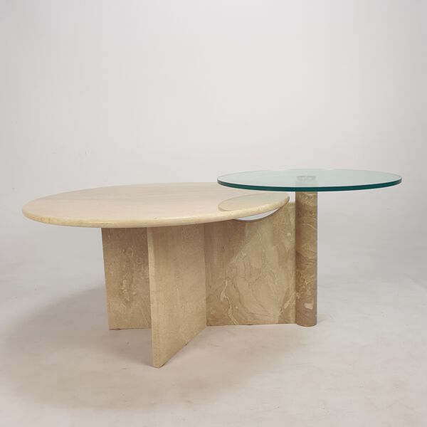 Table basse italienne en travertin et verre, années 1980