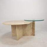 Italian travertine and glass coffee table, 1980