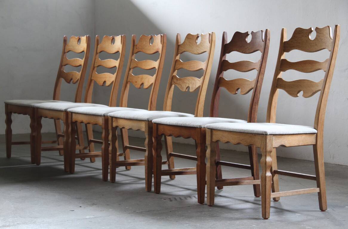 Set of 6 vintage Danish oak razorblade highback chairs by H. Kjærnulf, 1960s