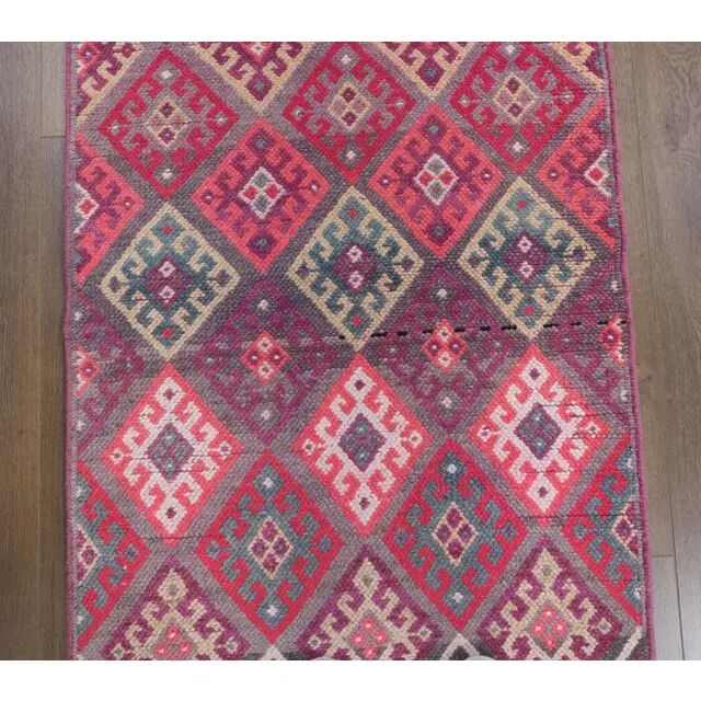 Vintage pink diamond Turkish hand-knotted runner rug 96x345
