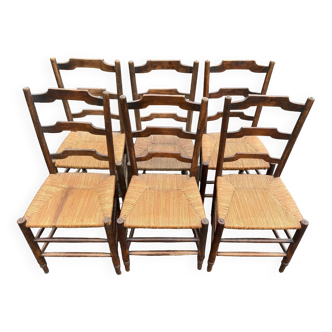 6 old wooden straw chairs