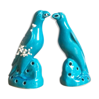 Couple de perruches porcelaine émaillée