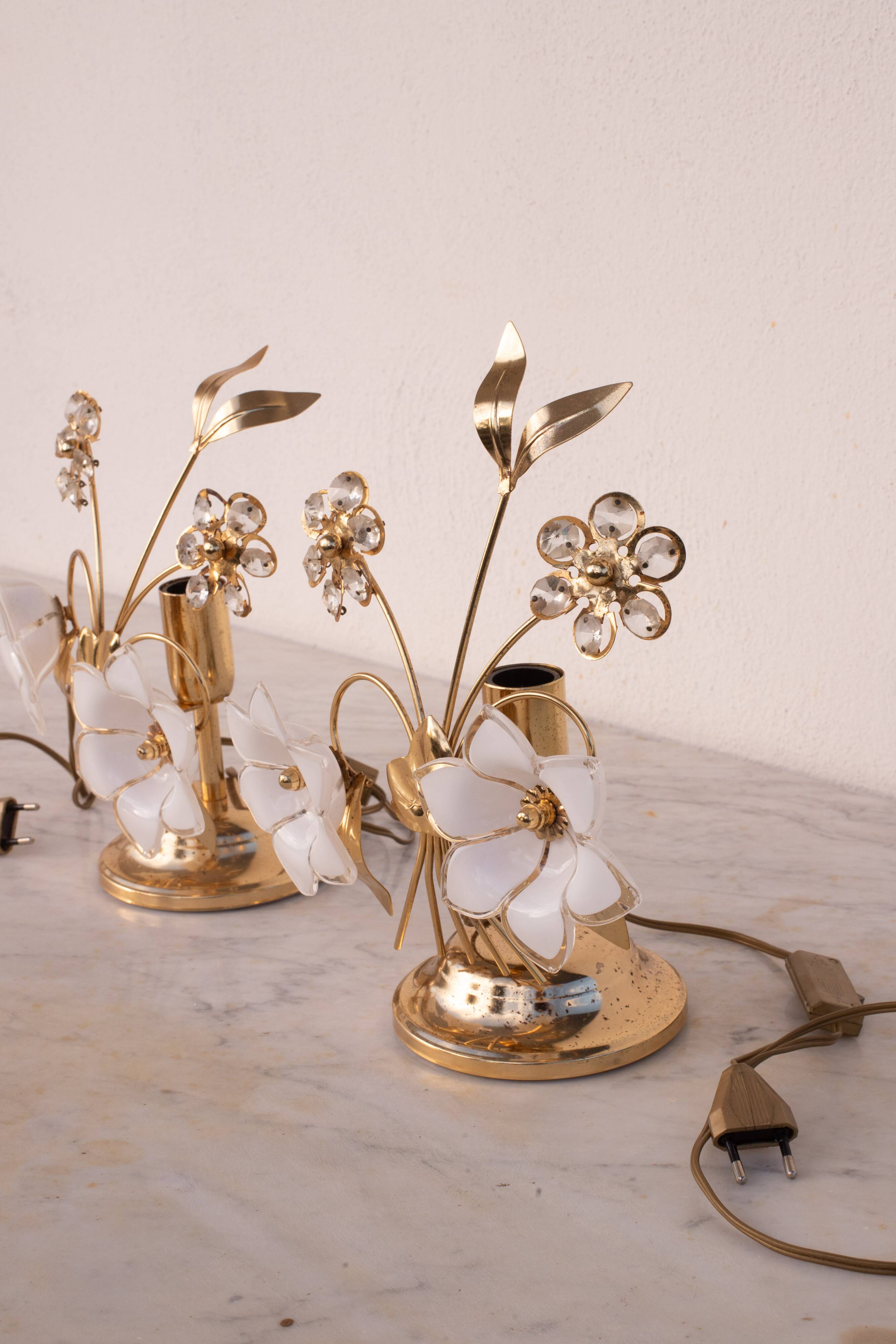 Set of 2 Murano Table Light White Flowers, 1970s