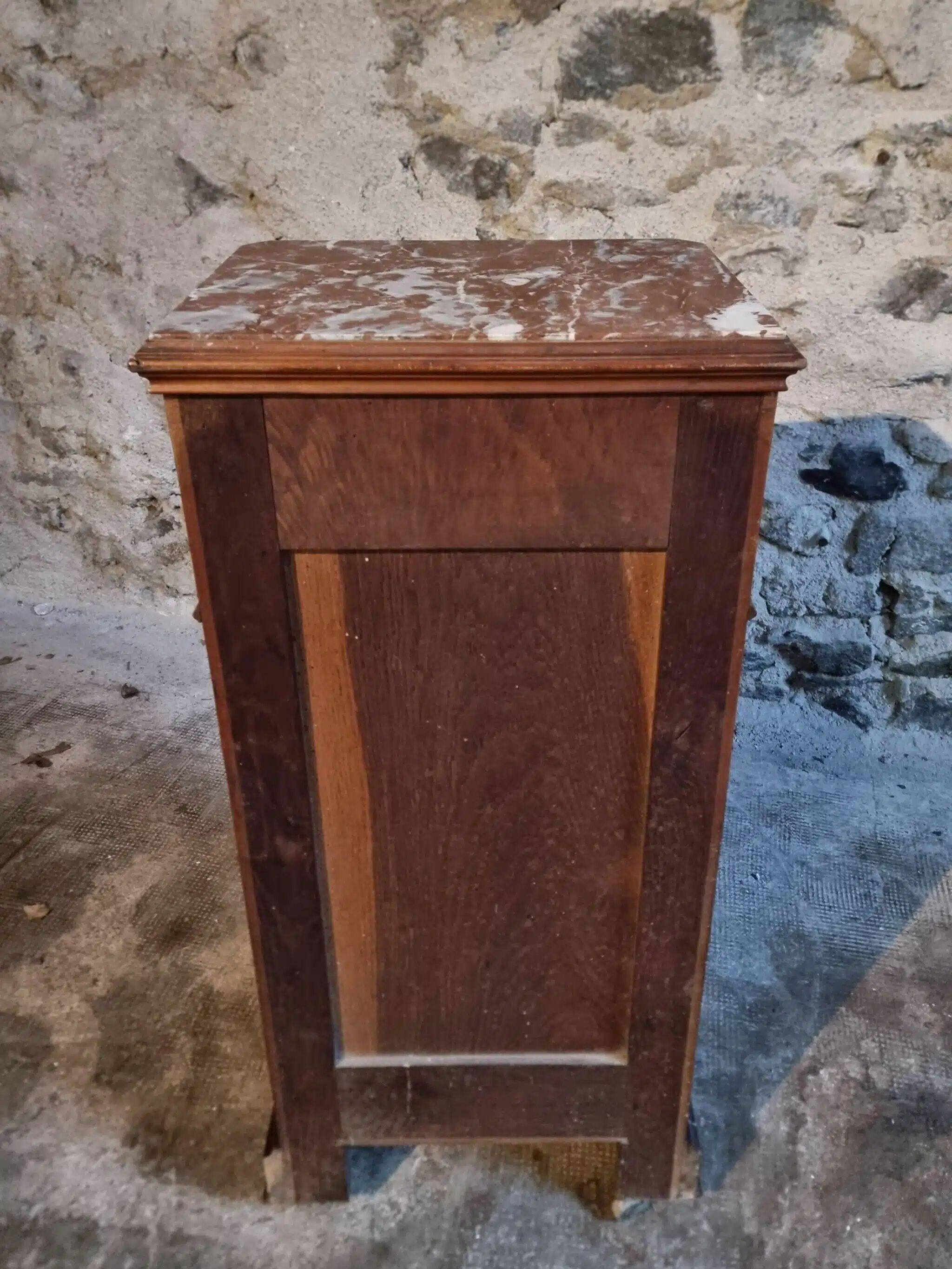 French antique bedside table in oak with walnut burl veneer, circa 1900.
