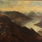 Old painting of a mountain landscape with a lake, oil on canvas 1890