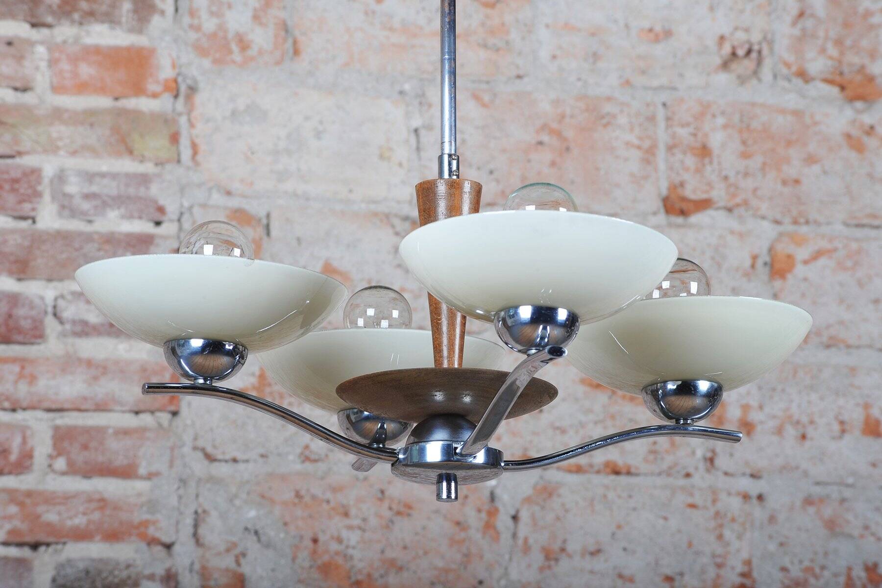 Art Deco Chandelier in Chromed Steel, Beech and Opal Glass, Czech, 1920s