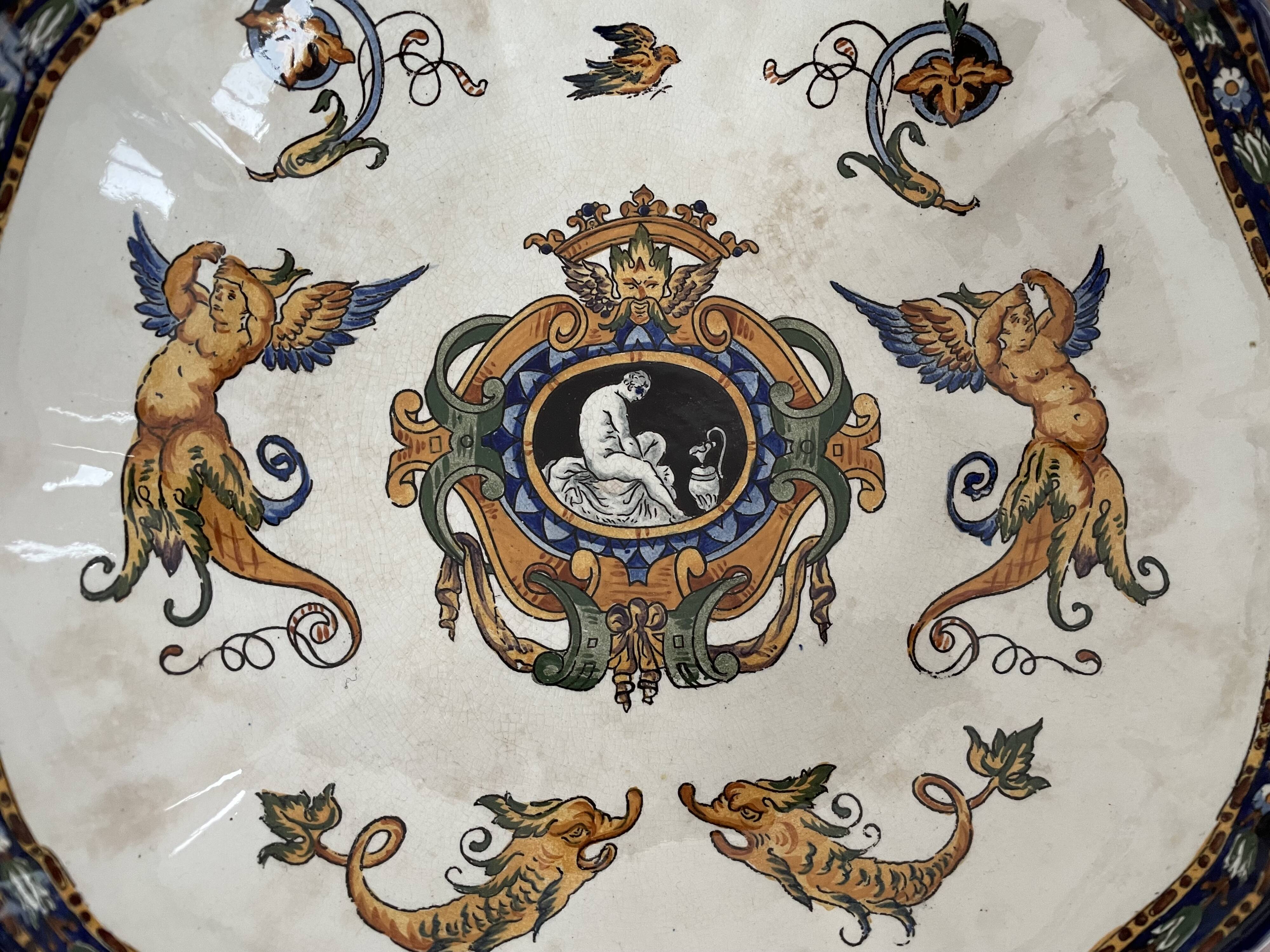 Antique, flat, bowler cup, centerpiece, Gien earthenware, nineteenth century, Renaissance décor