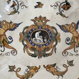 Antique, flat, bowler cup, centerpiece, Gien earthenware, nineteenth century, Renaissance décor