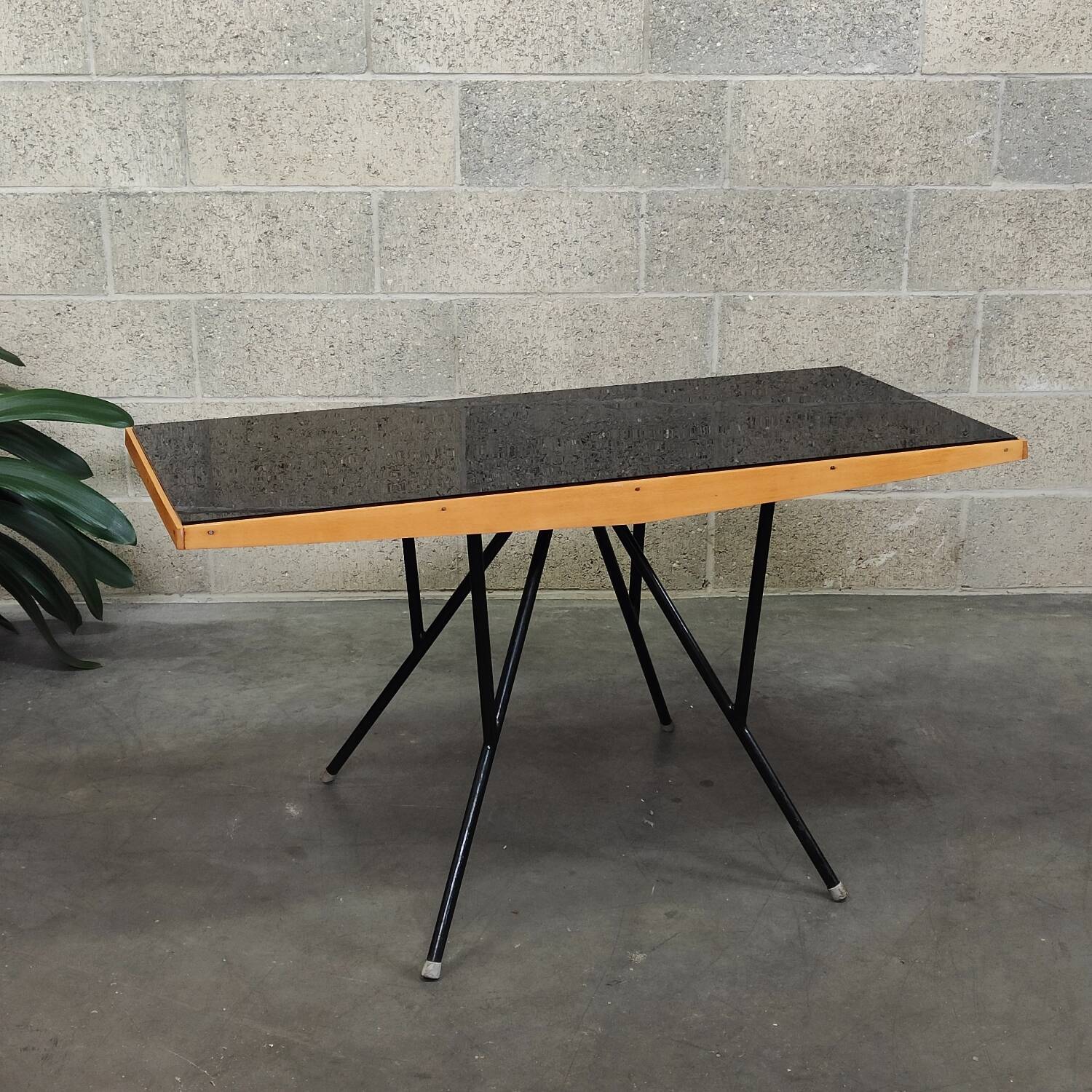 Metal and wood table, black Opaxit top, Czech Republic 1960