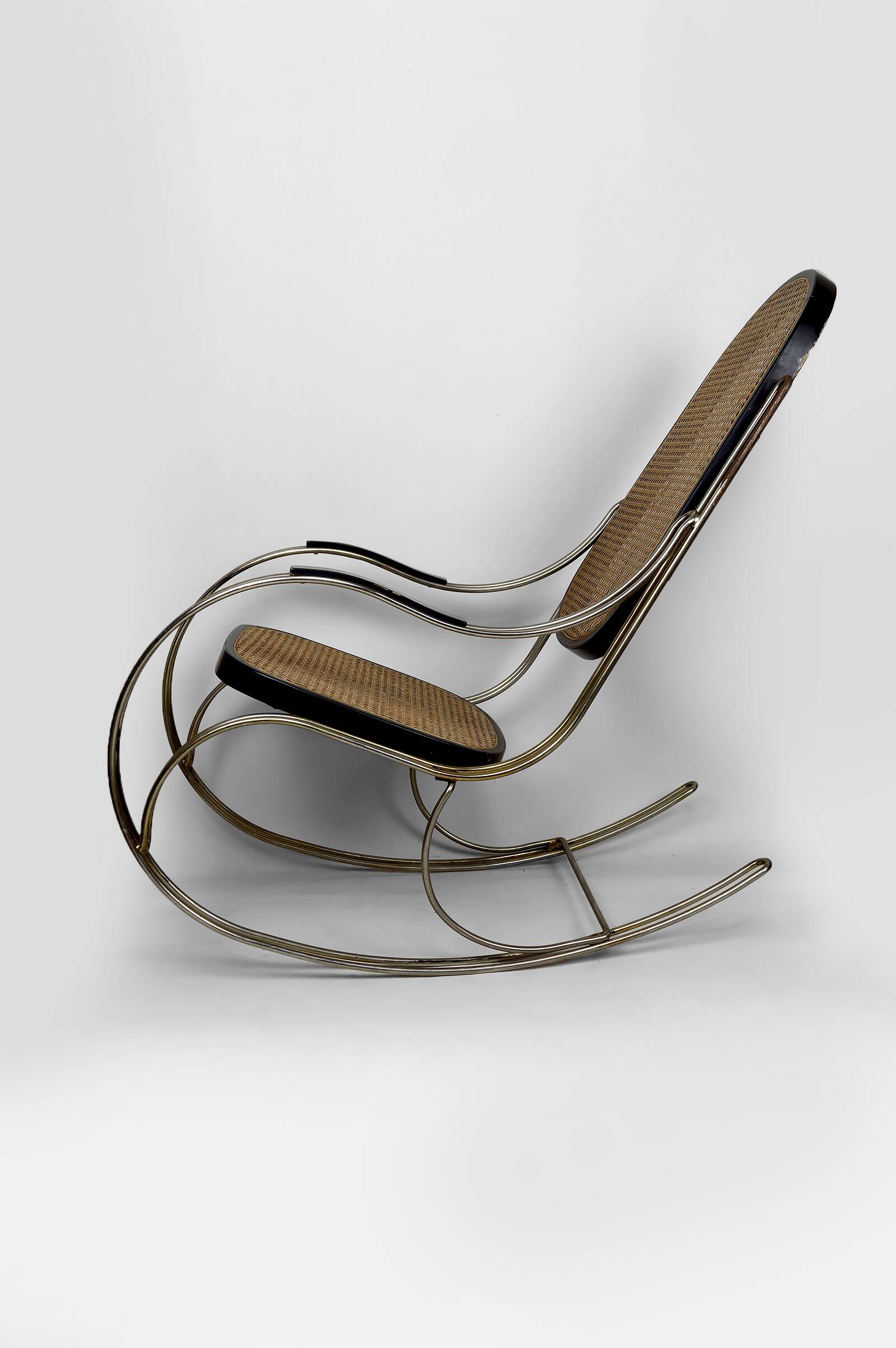 Modernist Rocking Chair in Blackened Wood, Canework and Chrome Frame, 1960-70