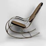 Modernist Rocking Chair in Blackened Wood, Canework and Chrome Frame, 1960-70