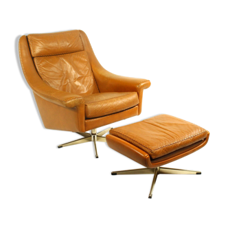 Matador swivel leather chair with ottoman by Aage Christiansen for Erhardsen & Andersen, 1960s