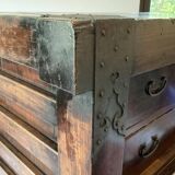 Japanese antique wooden chest with black fittings.
