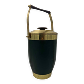 Green Leather and Brass Curved Handle Ice Bucket. Italian Work. V