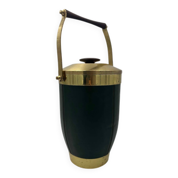 Green Leather and Brass Curved Handle Ice Bucket. Italian Work. V