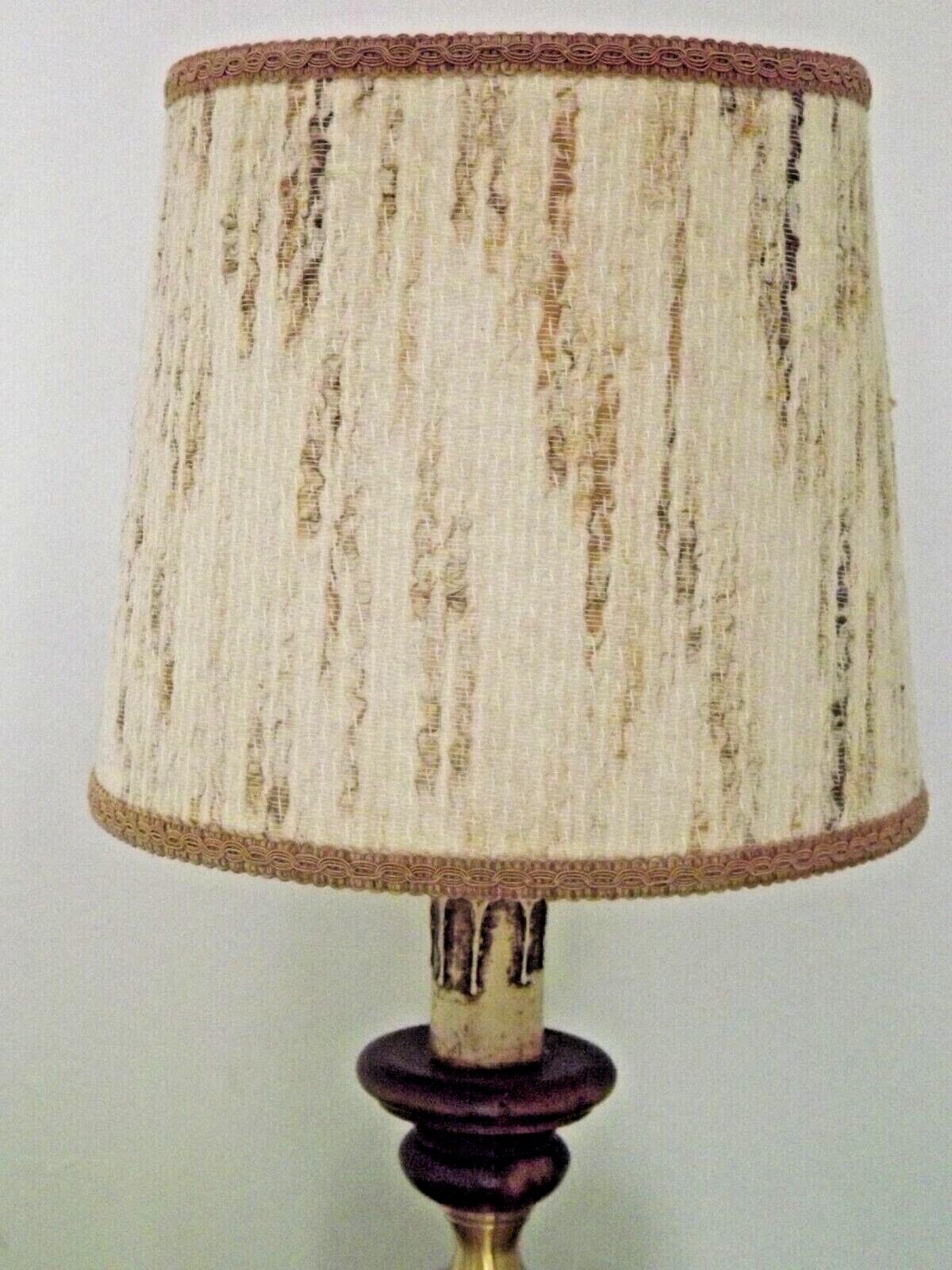 French Mid Century Round Lamp in Turned Wood and Gold Metal Beige Fabric Shade 3625