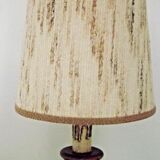 French Mid Century Round Lamp in Turned Wood and Gold Metal Beige Fabric Shade 3625