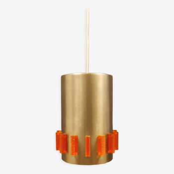 Suspension cylindrique dorée en aluminium avec prismes amovibles en verre orange pressé dur