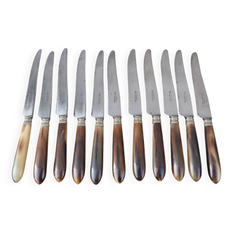 Ensemble de 11 couteaux anciens en corne et col argent lames acier