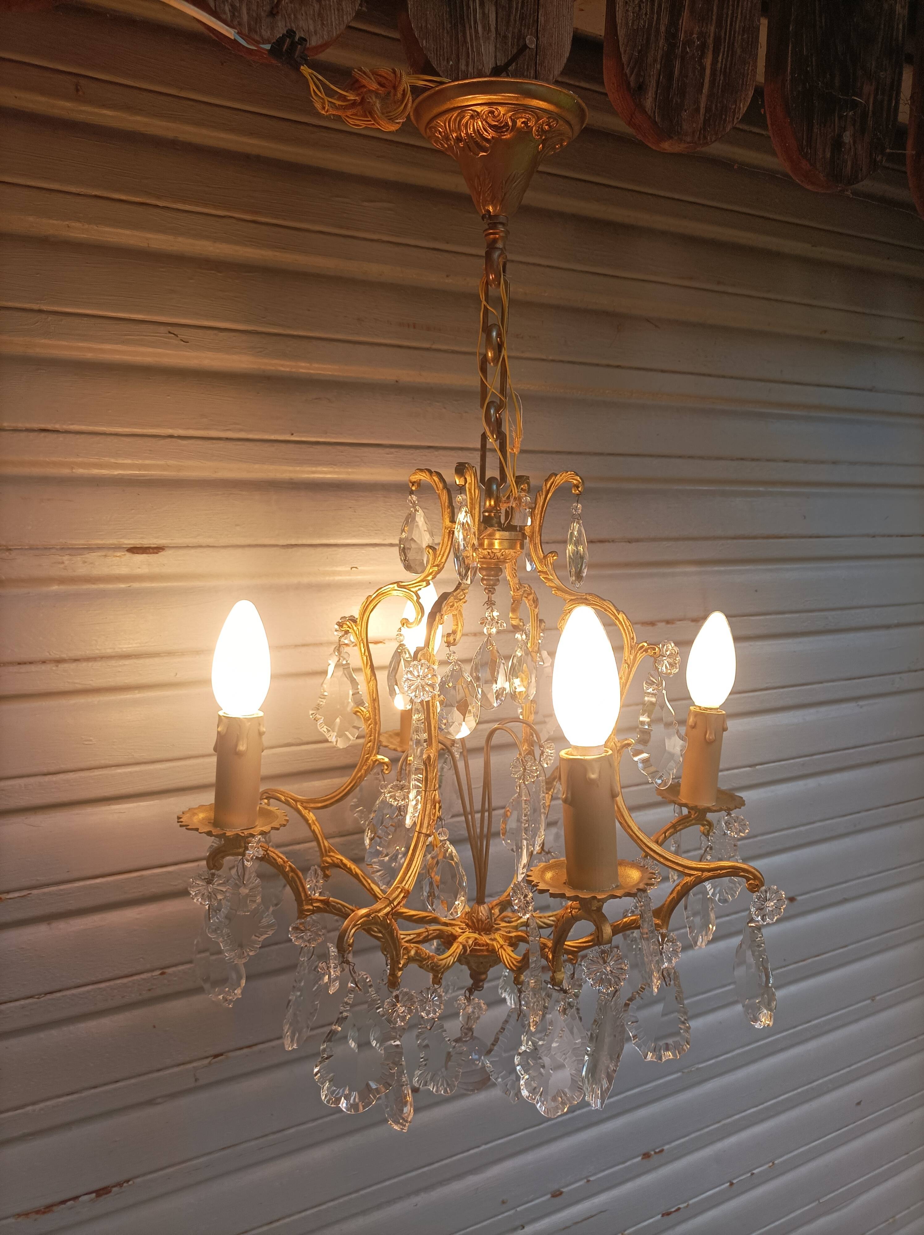 Rare old cage chandelier in gilded bronze and crystal 4 lights / WORKING CONDITION LEFT?