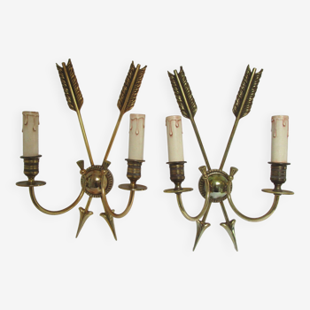 Pair of bronze crossed arrow wall lights Lucien Gau