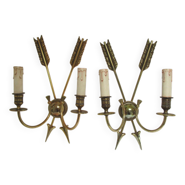 Pair of bronze crossed arrow wall lights Lucien Gau