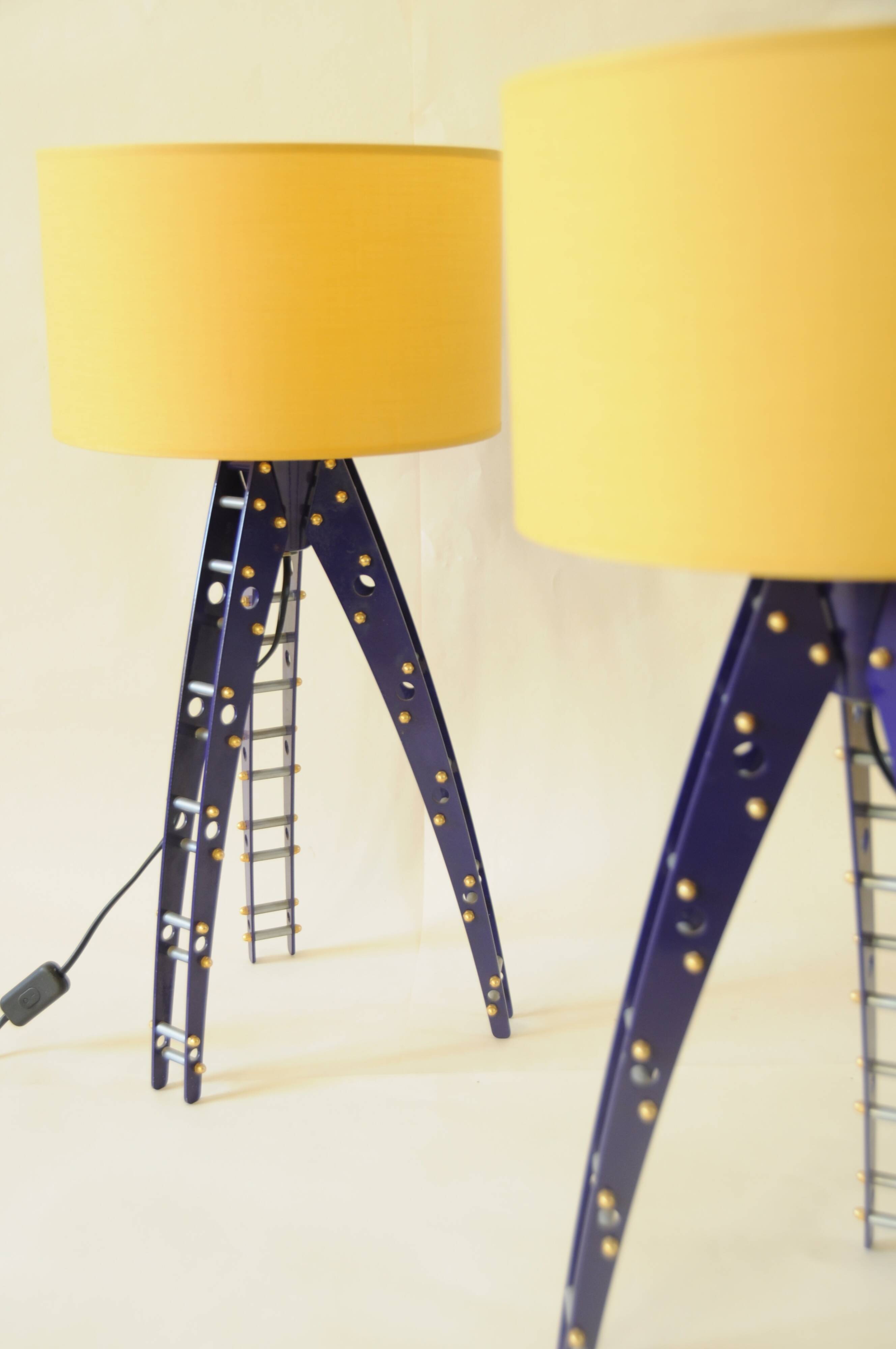 Pair of blue industrial design lamps with yellow shades - Space Age Rocket