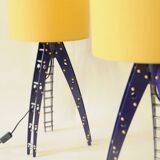 Pair of blue industrial design lamps with yellow shades - Space Age Rocket