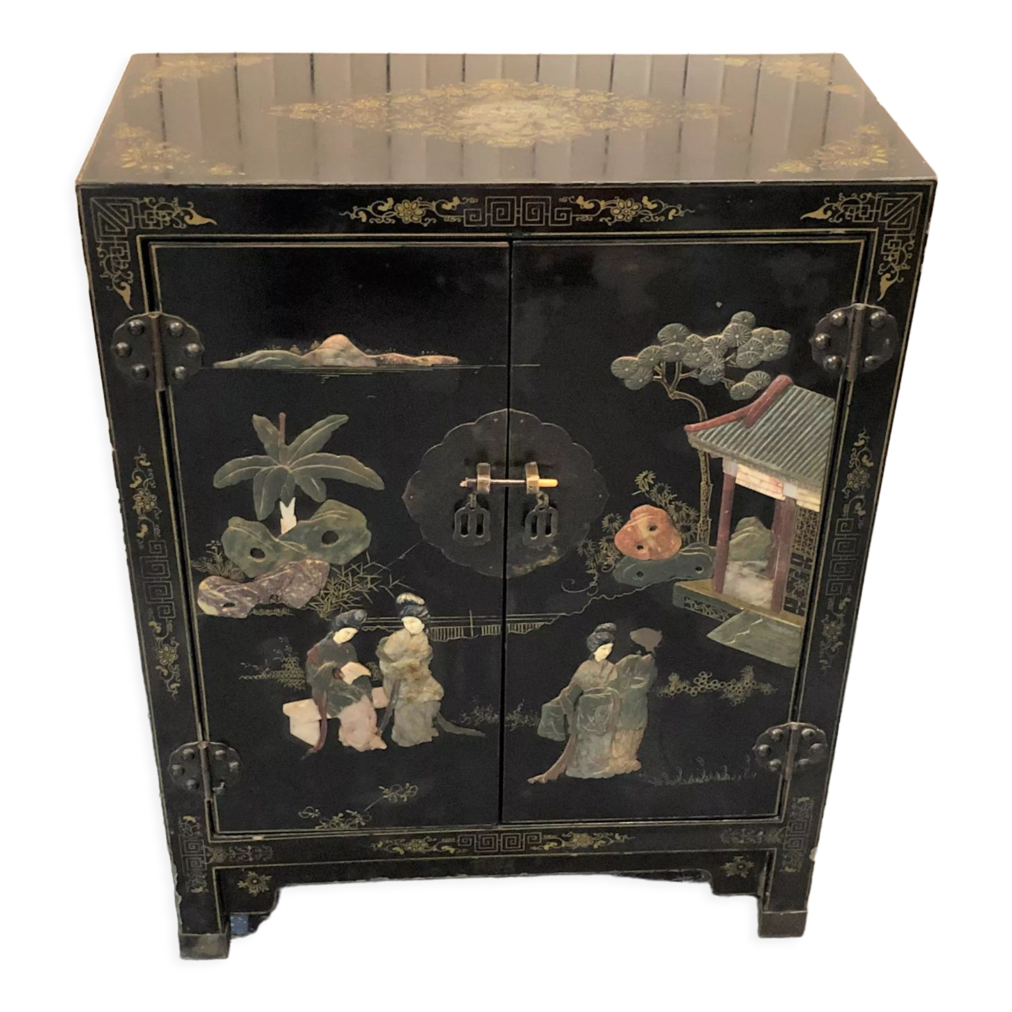Old Chinese black lacquered furniture decorated with hard stones / cabinet