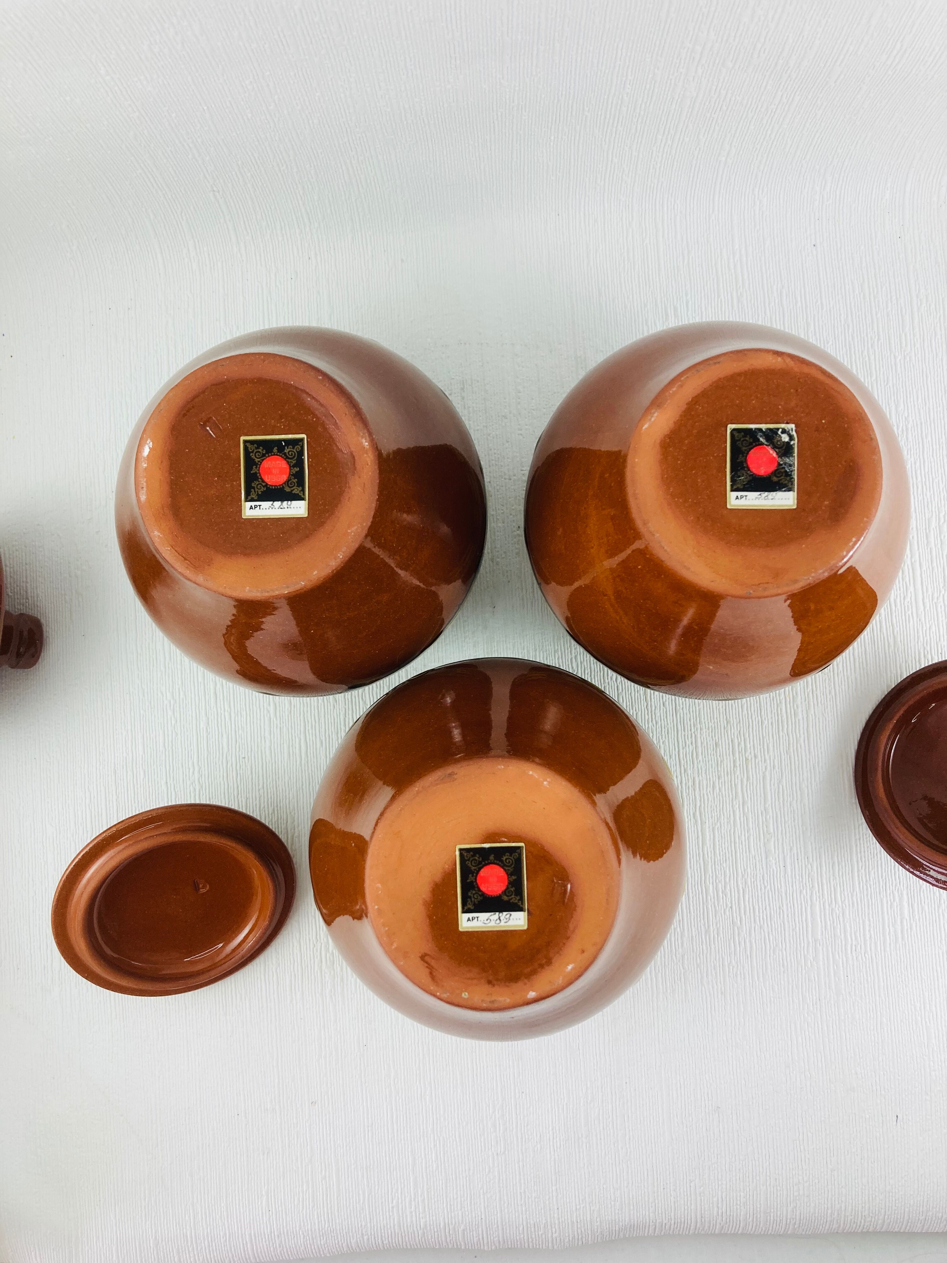 Trio of glazed ceramic pots USSR, peacock feather decoration, 1970