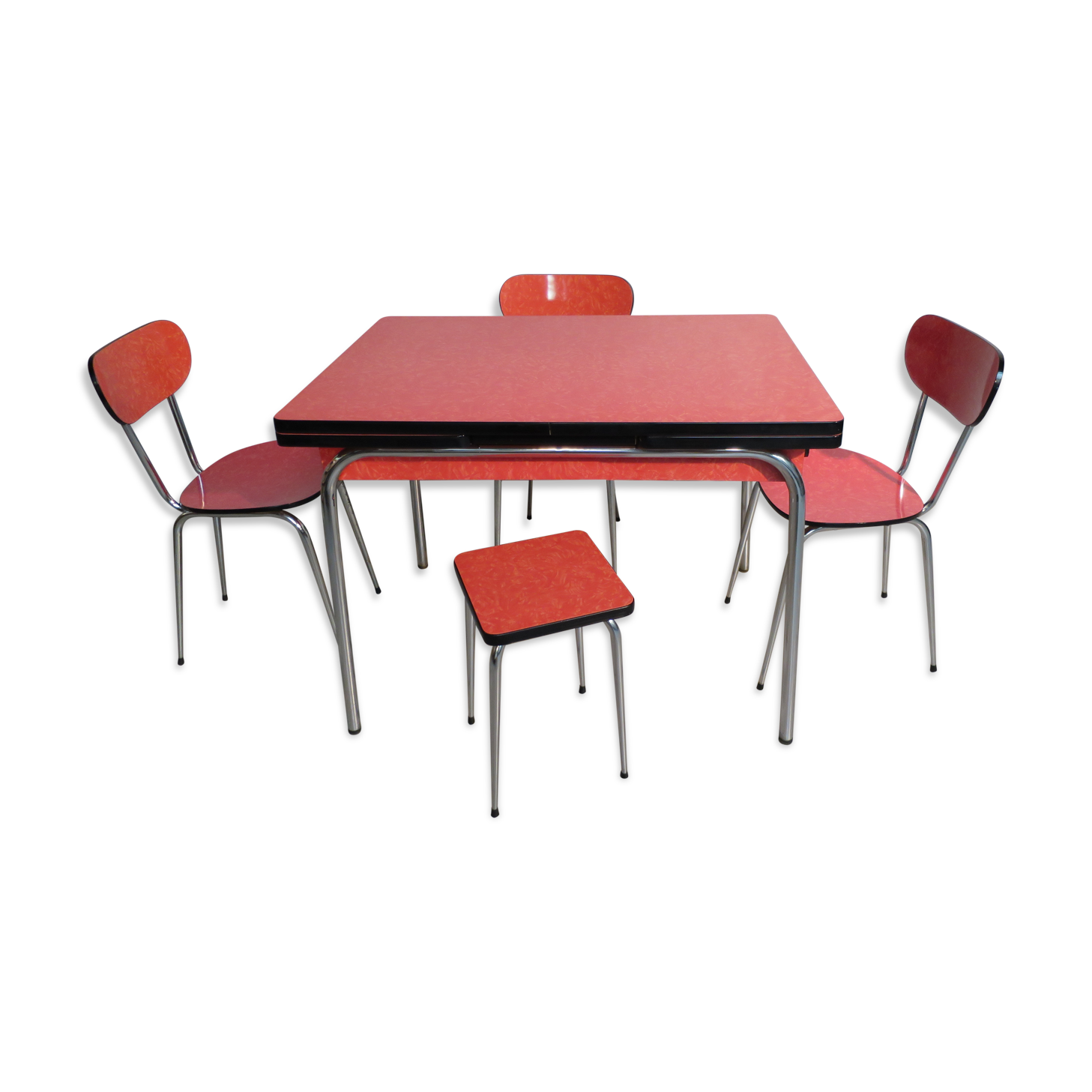 Table, 3 chairs and red formica stool