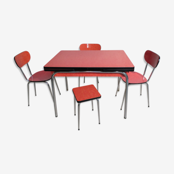 Table, 3 chairs and red formica stool