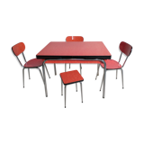 Table, 3 chairs and red formica stool