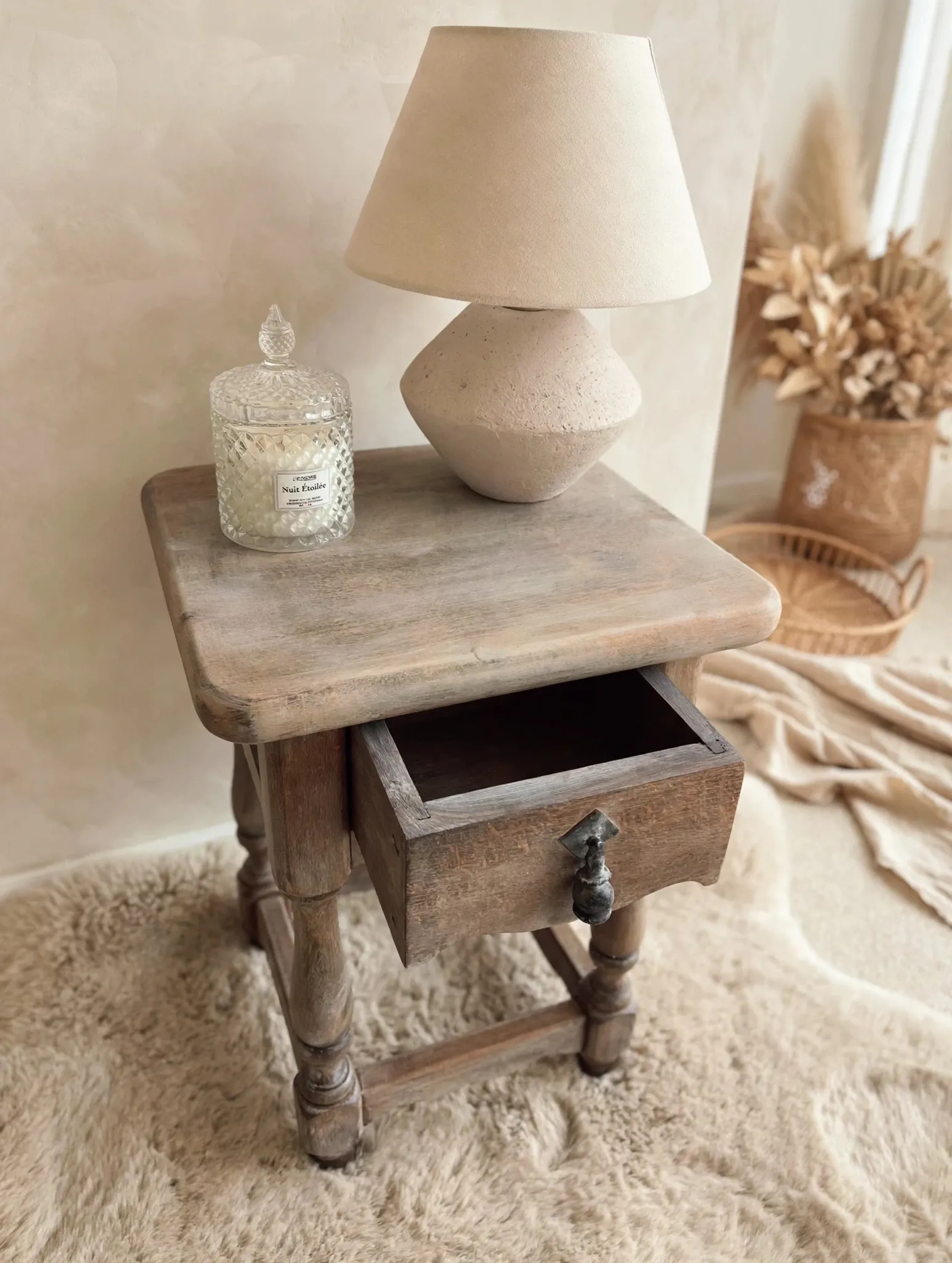 Rustic oak bedside table with a greige finish - 1 drawer - 45cm
