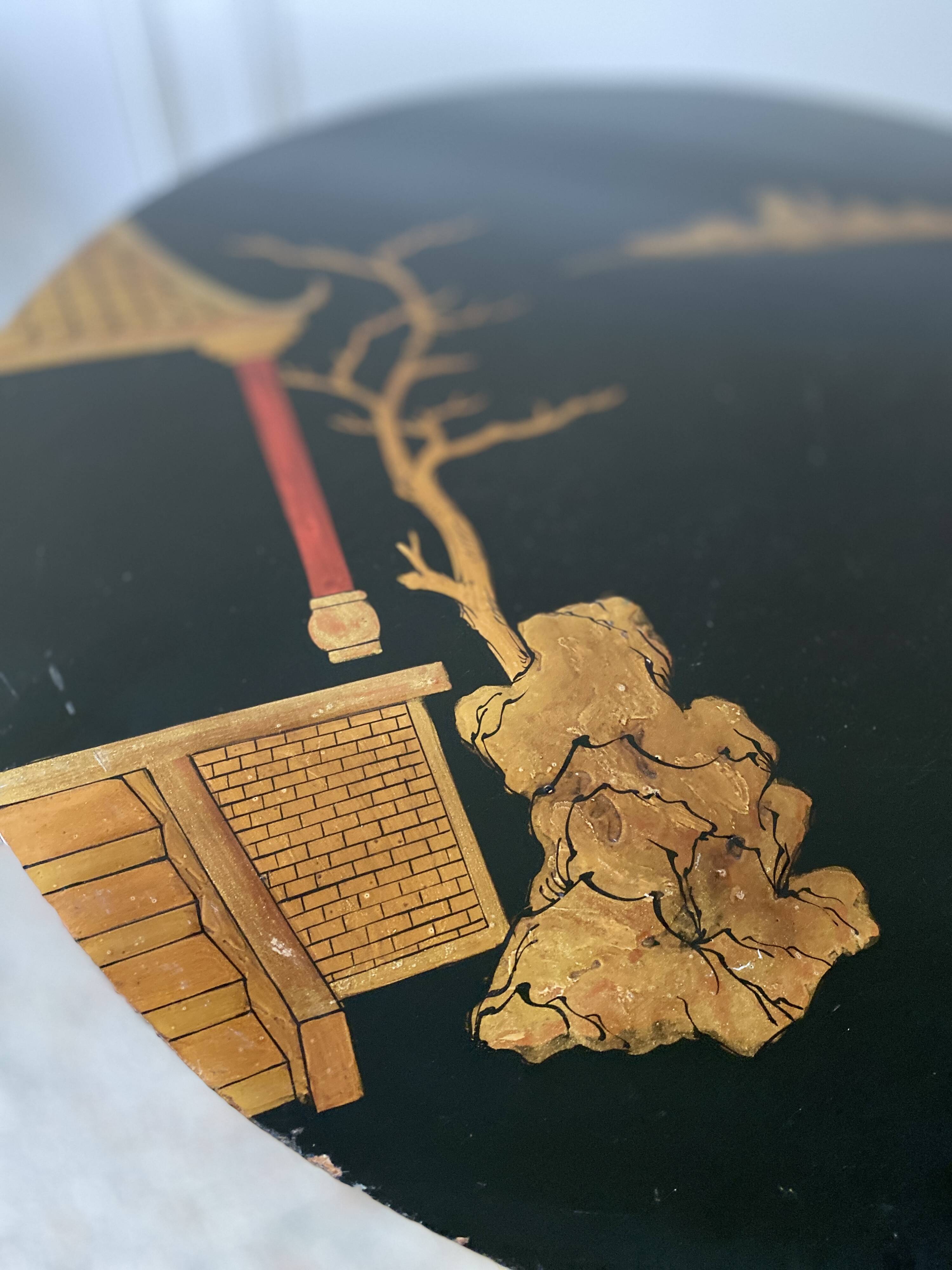 Side table, pedestal living room table, end table, round tray vintage Chinese decor