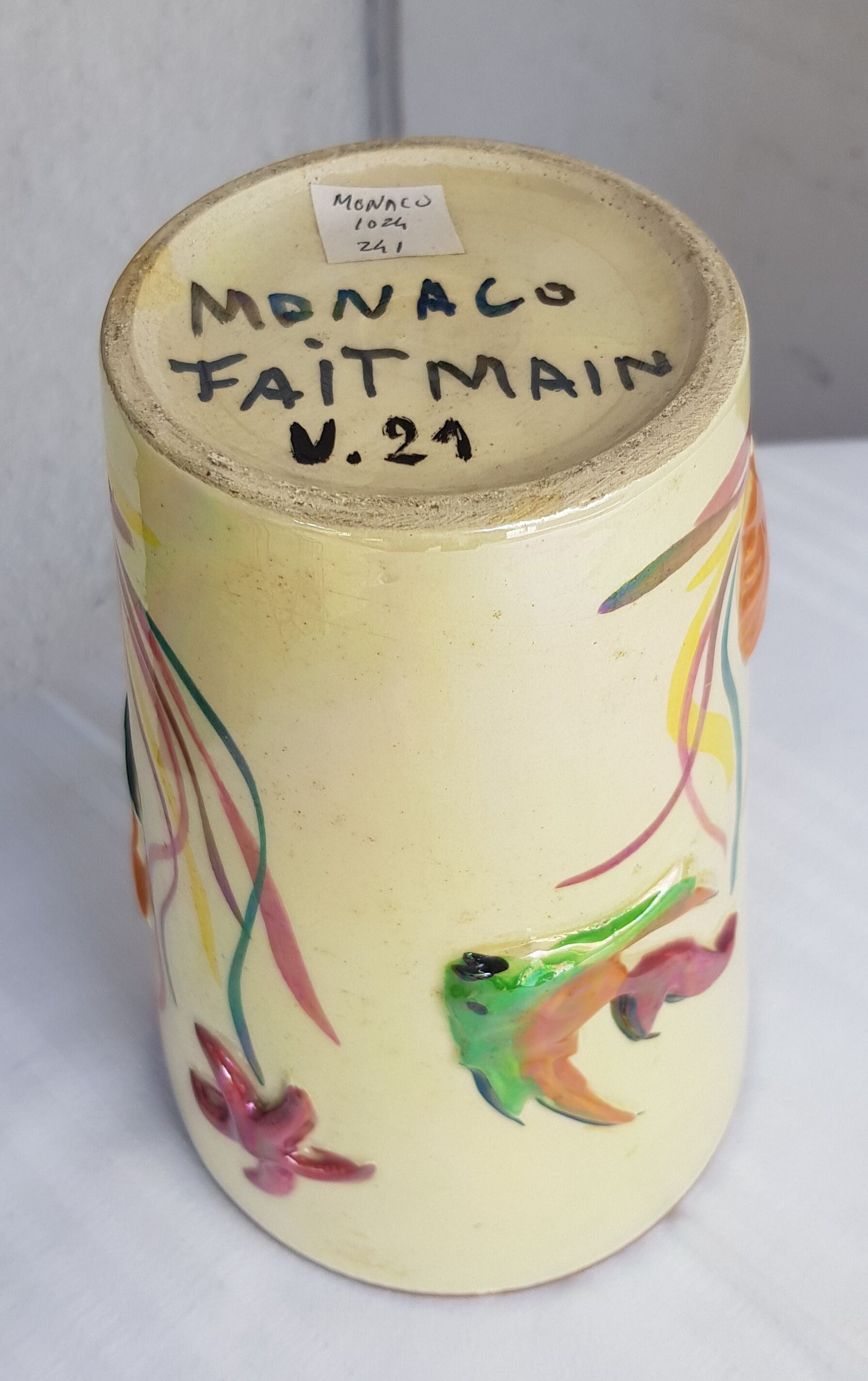 Vase vintage ceramique Monaco décor poissons