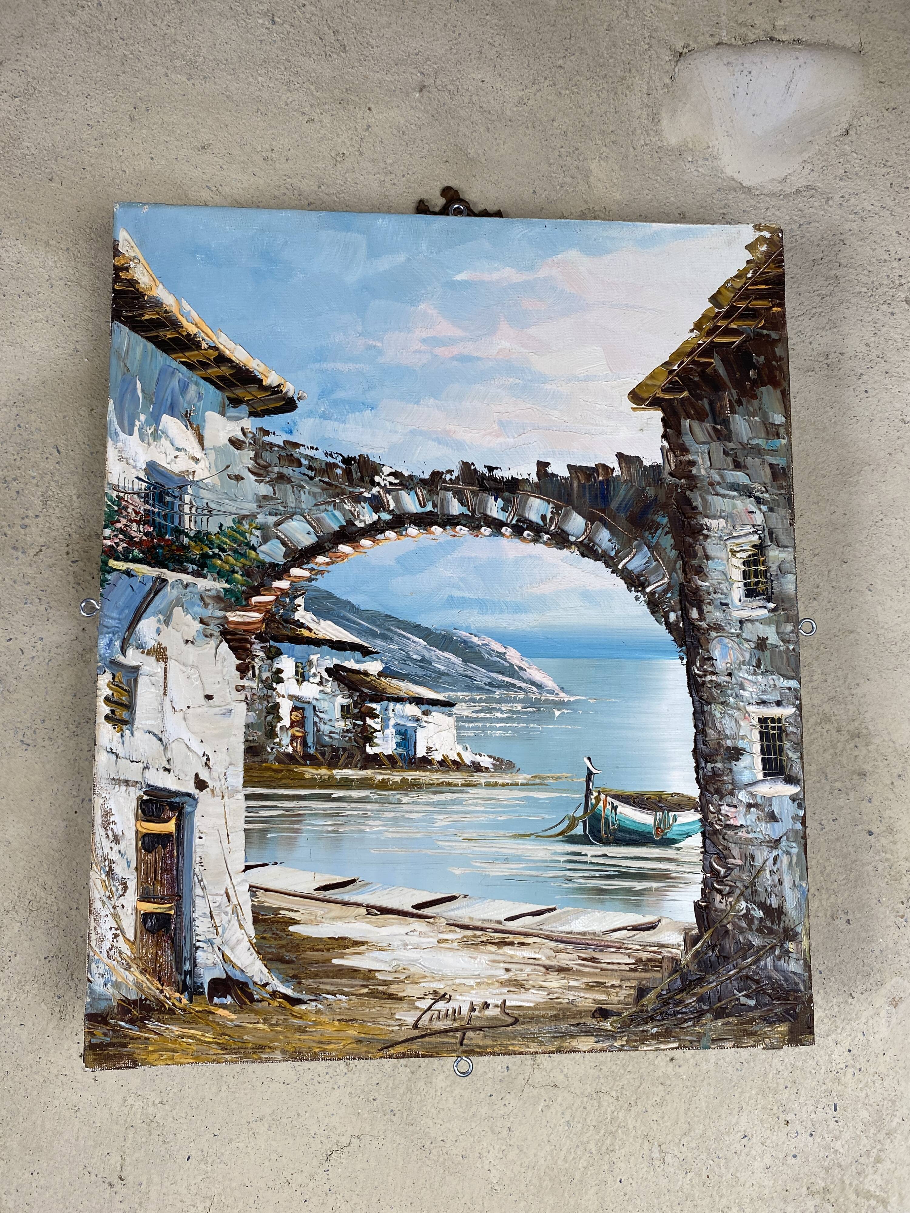 Oil painting on canvas with marine motif, signed