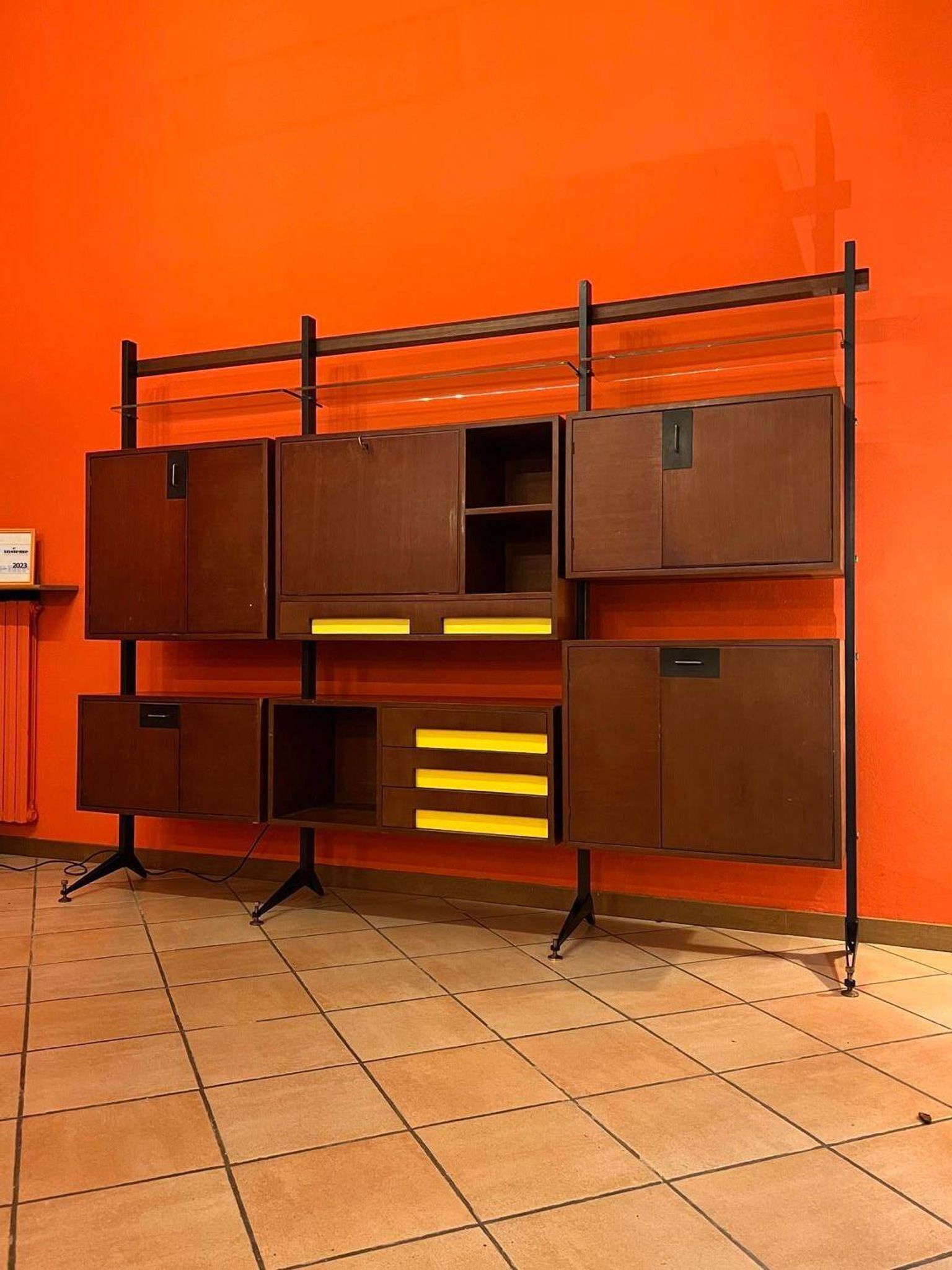 Mid-Century Modern Modular Bookcase, Wood & Metal, Italy, 1960s