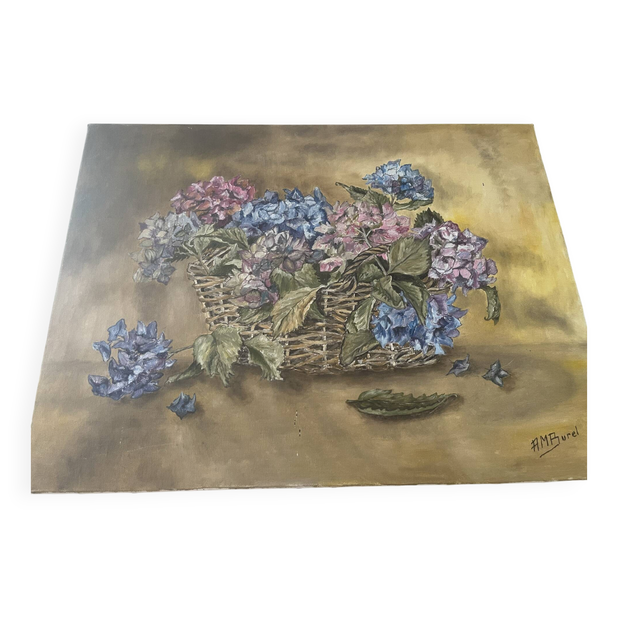 Old oil on canvas bouquet of hydrangeas signed