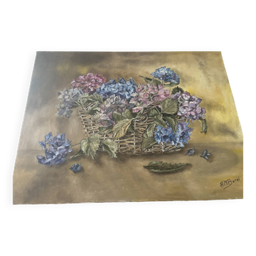 Ancienne huile sur toile bouquet d’hortensias signée