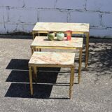 3 tables gigognes en laiton et marbre onyx, style vintage français - Tables de salon