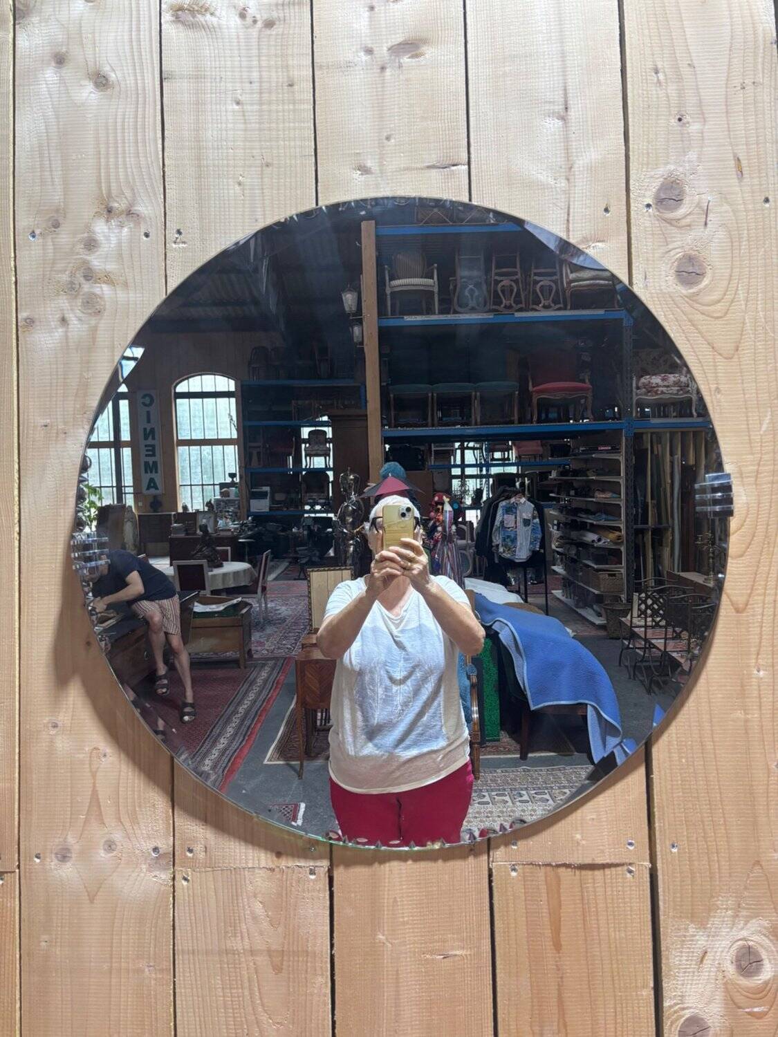 Round Art Deco mirror – Bevelled glass & chrome clips – 1930s