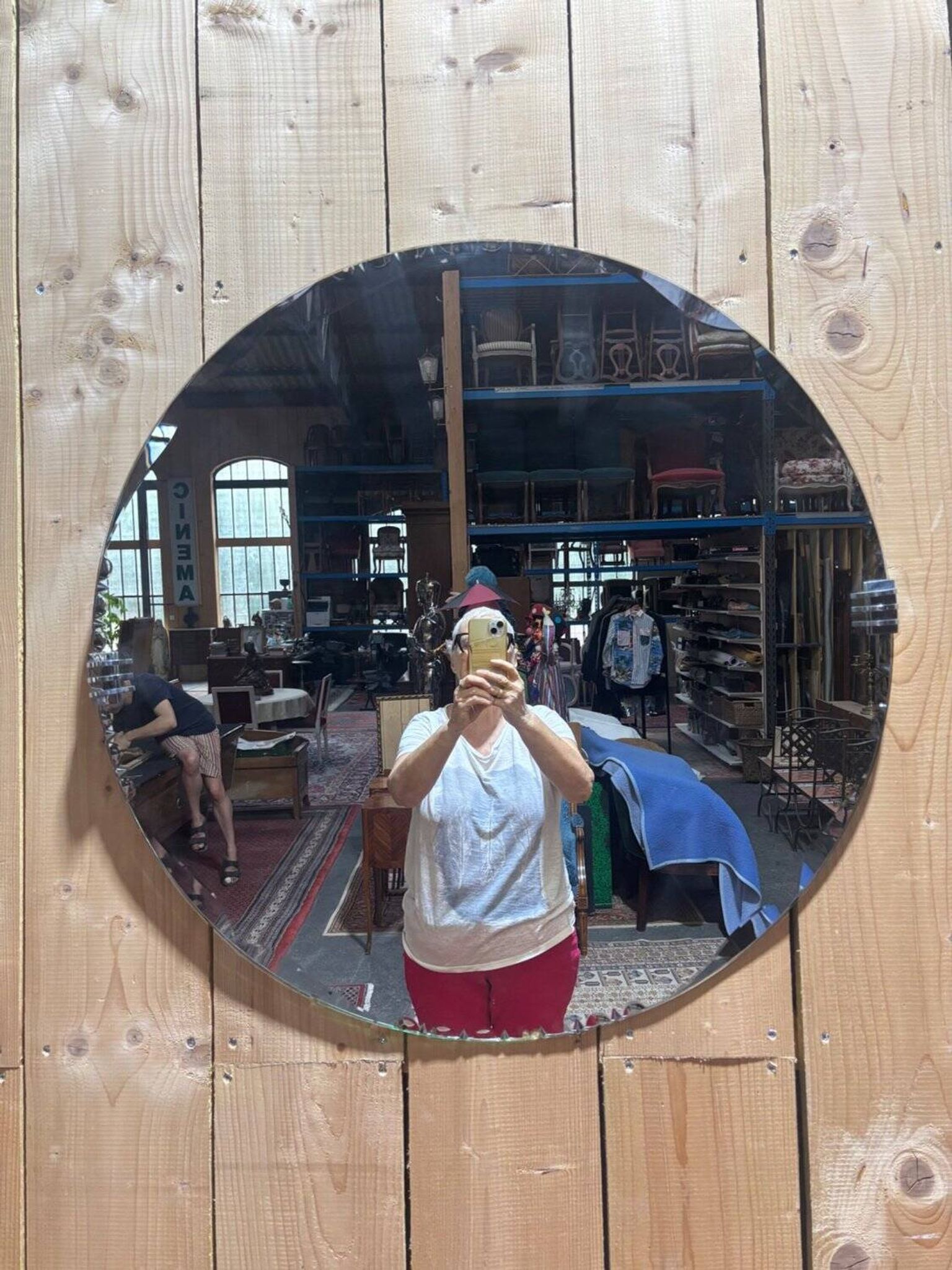 Round Art Deco mirror – Bevelled glass & chrome clips – 1930s