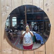 Round Art Deco mirror – Bevelled glass & chrome clips – 1930s
