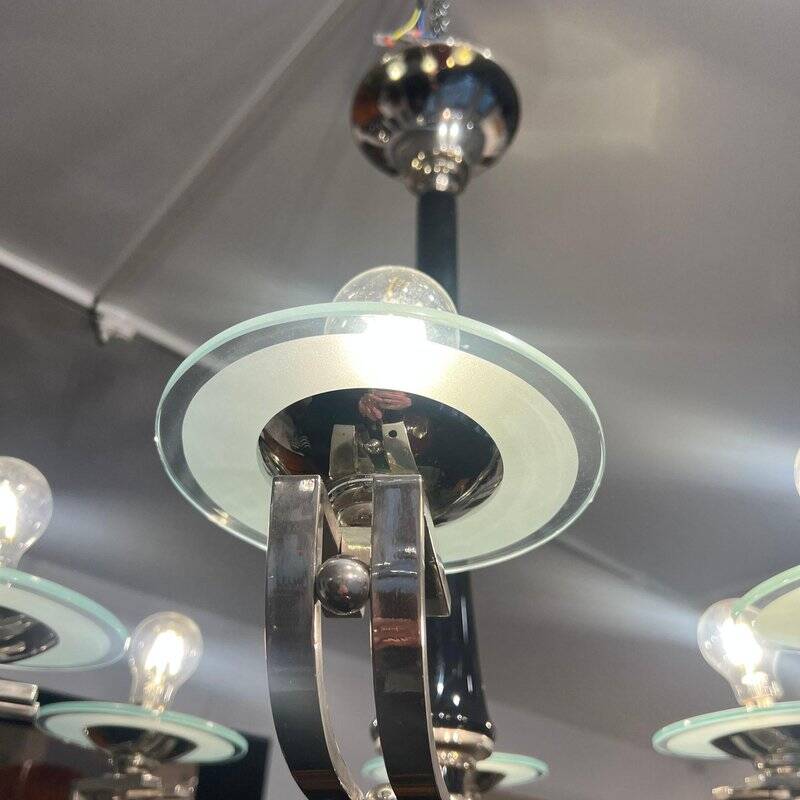 Chandelier Art Déco en laque noire et verre, 1930