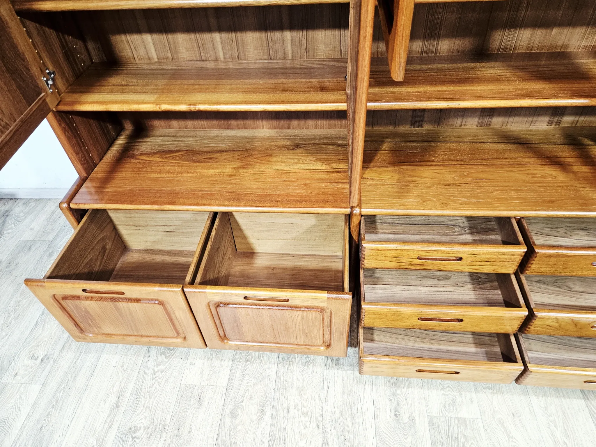 Multifunctional, modular shelving unit/wall system, teak, Denmark, 60s/70s